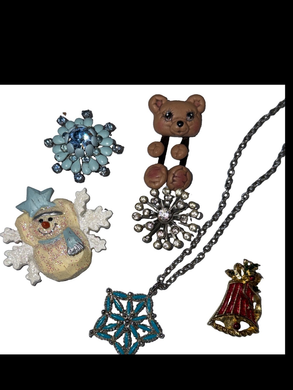 Vintage Jewelry WINTER CHRISTMAS HOLIDAY brooch Necklace Star Bell Bear Snowman